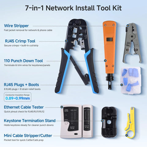 Image showing components of the 7-In-1 Pro Grade Network Tool Kit for Fast DIYer Ethernet Builds Including Crimping Tool, Punch Down Tools, Cable Tester, RJ45 Connectors and Boots, Wire Strippers, and Carrying Case.