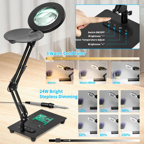 LED Magnifier Lamp With Stand And Dimmer Button 3 Color Modes Stepless Dimmable 10X Loupe For Crafts