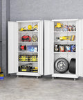 73 Inch Rolling Metal Storage Cabinet With Locking Doors And Adjustable Shelves Built Tough On Wheels For Home Garage Shop Or Workshop Rust Resistant White Finish Heavy Duty Steel With Large Capacity 32 Inch Wide 16 Inch Deep, open with tools and tires