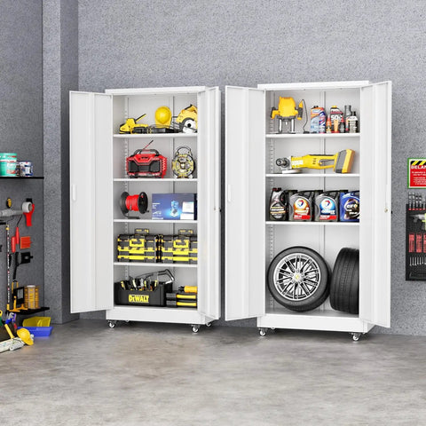 73 Inch Rolling Metal Storage Cabinet With Locking Doors And Adjustable Shelves Built Tough On Wheels For Home Garage Shop Or Workshop Rust Resistant White Finish Heavy Duty Steel With Large Capacity 32 Inch Wide 16 Inch Deep, open with tools and tires