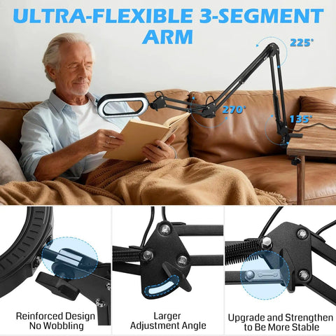 Man using the 12X Magnifying Glass With Light And Clamp, Ultra Long 3-Section Arm, 5.3x3.2 Inch Glass Lens for reading on a couch.