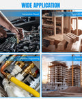 Collage of four images showing applications: automotive repair, furniture making, pipeline engineering, and construction.