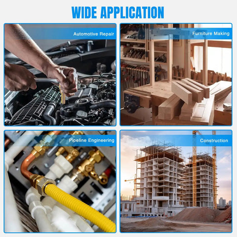 Collage of four images showing applications: automotive repair, furniture making, pipeline engineering, and construction.