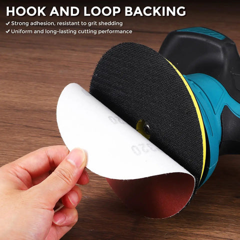 Hook and loop backing on a sanding disc for Heavy Duty 100 Pack 4 Inch Sanding Disc Kit With 10 Of Each Grit 40 60 80 120 180 240