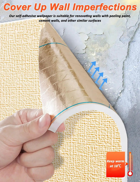 Nine Millimeter XPE Foam Peel And Stick Wallpaper Roll Thermal Block Insulation Waterproof Durable Texture covers hand peeling wallpaper from a concrete wall.