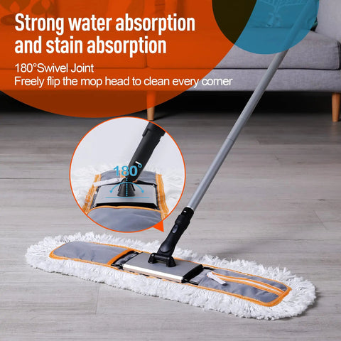 Heavy Duty 24 Inch Commercial Dust Mop Featuring Plush Absorbent Microfiber Pad for Quick Wet or Dry Floor Cleaning with 180° swivel joint.