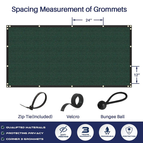 Privacy Fence Screen 6x50 Feet Heavy Duty Mesh with grommet spacing, zip-tie, velcro, bungee ball included for outdoor use.