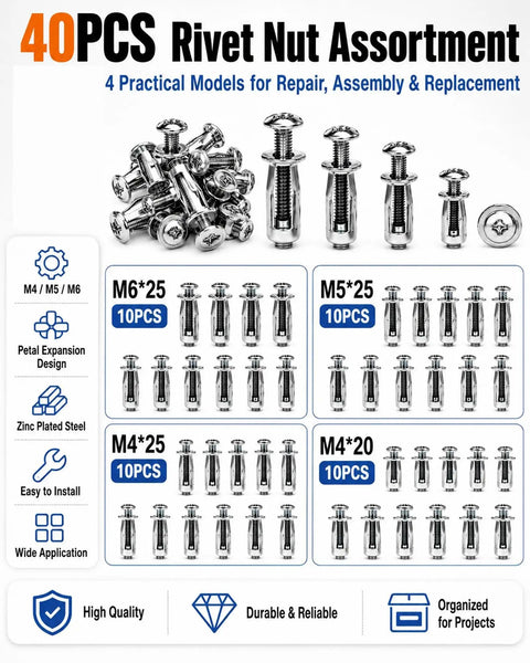 Kickstart Your Shop Grind With This Tough Button Rivet Locking Nut Assortment Featuring Solid Zinc Plated Steel Petal Expanding Fasteners For Zero Drama Furniture And Panel Fixes Using M4 M5 M6 Threads, 40PCS kit with M4 M5 M6 sizes.