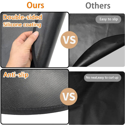 Comparison of a heat resistant fire pit mat showing double-sided silicone coating versus single-layer design.