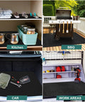 36x60 Inch Oil Drip Mat For Garage And Driveway shown in kitchen, BBQ area, car trunk, and workbench setups.