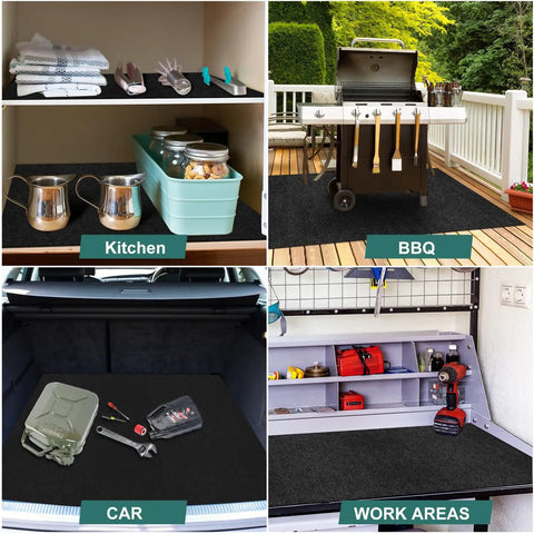36x60 Inch Oil Drip Mat For Garage And Driveway shown in kitchen, BBQ area, car trunk, and workbench setups.