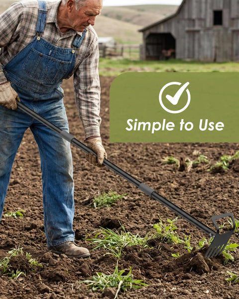 Gardener using 60 Inch Adjustable 2-In-1 Garden Hoe With Ultra Sharp Blade And Tines For Weeding And Soil Loosening in a field