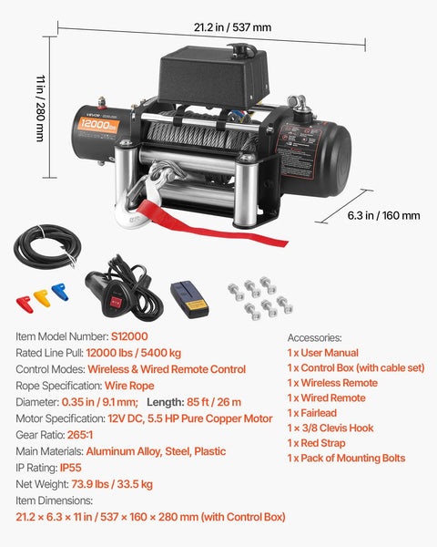 Beefed Up 12000 Lb Electric Winch With 85 Ft Steel Cable 12V Power Winch For Jeep Wrangler UTV ATV And Truck Off Road Recovery Wireless Remote Control And Heavy Duty Motor, shown with dimensions