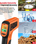 2 Laser Infrared Temperature Gun For Cooking And Grilling With 16 To 1 Distance To Spot Ratio, Adjustable Emissivity, Minus 58 To 1022 F Range, Handy Laser Thermometer For Pizza Oven Griddle HVAC Vents And Auto Diagnostics measuring emissivity of oil, ice, water, and wood.
