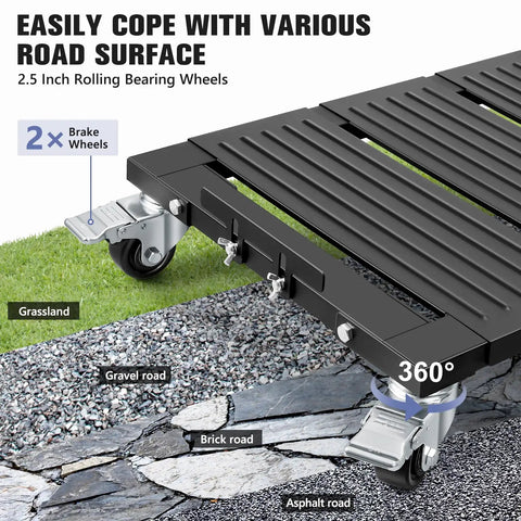 KEDSUM 2200 Lbs Heavy Duty Furniture Dolly With Thick Steel Frame And Brake System showing 2.5 inch wheels on mixed surfaces.