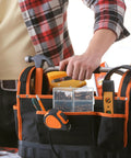 Job Site Ready Wood Screw Assortment Kit, 152 Pieces Bronze Galvanized flat head screws in a tool bag ready for use.