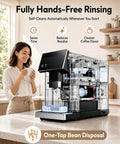 Fully Automatic Espresso Machine With Built In Grinder And Integrated Milk Frother Pulling Barista Quality Shots Straight On The Counter One-Tap Bean Disposal on kitchen counter.