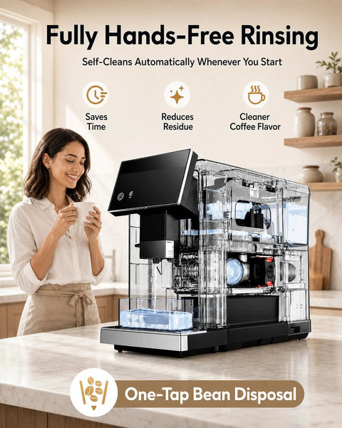 Fully Automatic Espresso Machine With Built In Grinder And Integrated Milk Frother Pulling Barista Quality Shots Straight On The Counter One-Tap Bean Disposal on kitchen counter.