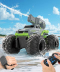 3-In-1 Amphibious RC Stunt Truck With Water Gun spinning on water, showing waterproof design with gesture control and remote.