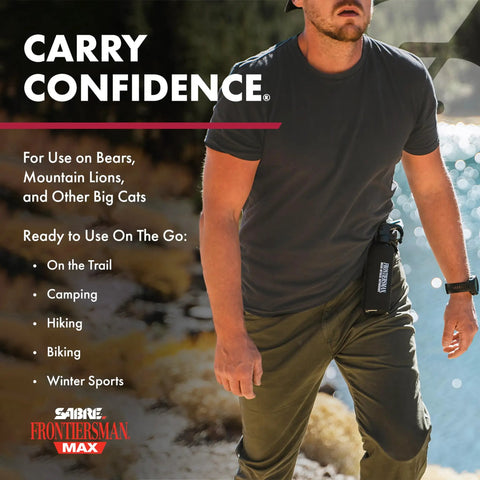 Hiker with Frontiersman Max Bear Spray And Mountain Lion Deterrent in outdoor setting