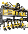 Heavy Duty Wall Mount Power Tool Organizer With Three Layer Storage Rack Nine Drill Holders And Battery Storage That Can Handle Up To 320 Pounds For Your Garage Workshop And Tool Room Gotta Have It. Black and yellow tools visible.