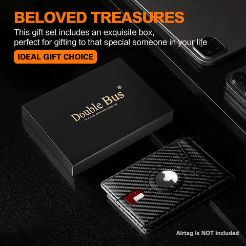 Ultra Slim RFID Blocking Bifold Wallet For Men With Carbon Fiber Look next to gift box on black surface