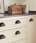 Oil Rubbed Bronze Cup Pull Drawer Handle For Cabinets And Furniture 3 Inch Center To Center 1 Pack Classic Cup Pulls installed on beige cabinet