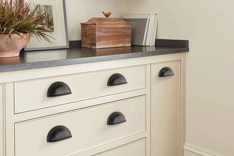 Oil Rubbed Bronze Cup Pull Drawer Handle For Cabinets And Furniture 3 Inch Center To Center 1 Pack Classic Cup Pulls installed on beige cabinet