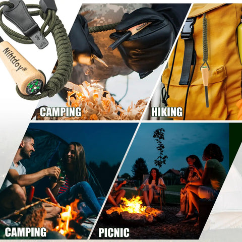 Ferro Rod Fire Starter Kit With Carbon Steel Striker And Compass Integrated Hardwood Handle for camping and outdoor activities.