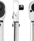 Half Inch Drive Click Torque Wrench 25-250 Ft-Lb Range with Dual Scale, durable Cr-V ratchet head, close-up view of three angles