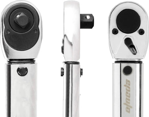 Half Inch Drive Click Torque Wrench 25-250 Ft-Lb Range with Dual Scale, durable Cr-V ratchet head, close-up view of three angles