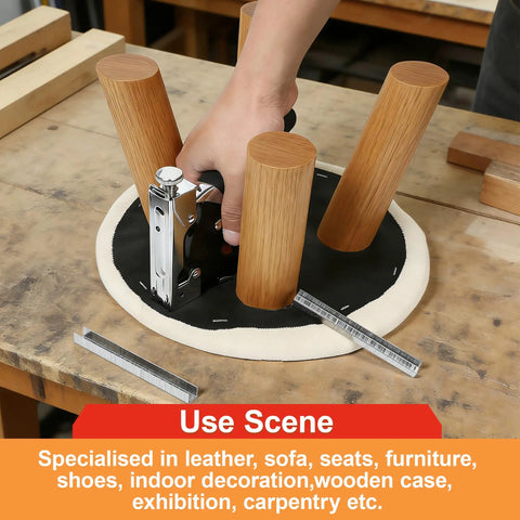 Kickass Pro Grade T50 Staple Gun Staples For Upholstery And Furniture Repair features a hand using staples on furniture legs.