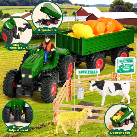 Remote Control Tractor Toy Set With Dump Trailer LED Lights Dual Rechargeable Batteries 2 4 GHz Controller And Farm Accessories Cow Sheep
