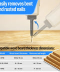 Pneumatic Nail Remover And Nail Puller easily removes bent nails, shown in action with wood board thickness compatibility chart.