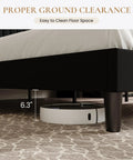 Queen Size Velvet Bed Frame With Storage Headboard And Charging Station Black Upholstered Bookshelf Base Keeping Your Phones Juiced For Solid Bedroom Vibes showing 6.3 inches clearance for easy cleaning.