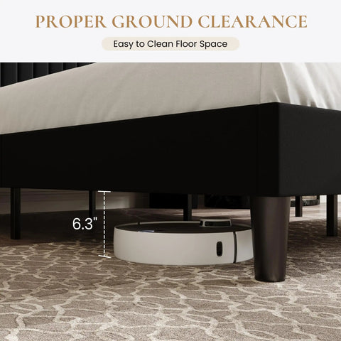 Queen Size Velvet Bed Frame With Storage Headboard And Charging Station Black Upholstered Bookshelf Base Keeping Your Phones Juiced For Solid Bedroom Vibes showing 6.3 inches clearance for easy cleaning.