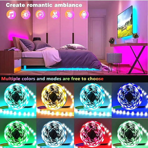 Image of 32.8ft Bluetooth RGB LED Strip Lights with Music Sync and app control, illuminating a bedroom and living room setup with various colors.