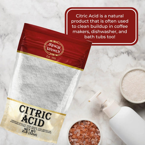 Front view of Spicy World citric acid 2 lb bag; white fine granular powder