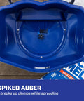 Top view of blue spiked auger in All Season Workhorse Salt And Ice Melt Spreader, 80 lb capacity, plastic construction.