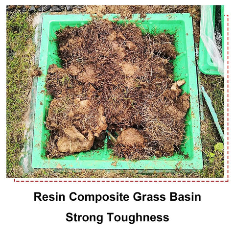 Composite Resin Manhole Cover For Outdoors Heavy Duty Sump Pump Access Lid with grass and soil in a green drainage basin.