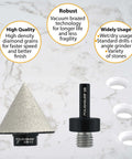 Front view of two tools: diamond beveling chamfer bit and hex-shank adapter for porcelain tile, 2" (50 mm)