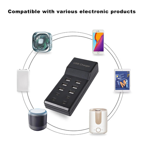 50W 10 Port USB Charging Station with 6 USB A and 4 USB C ports shown with compatible devices like smartphones and tablets.