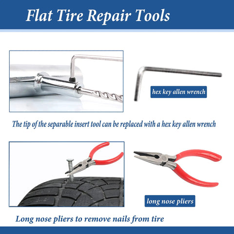 All-In-One 68-Piece Ride-Ready Heavy Duty Tire Repair Kit with pliers, insertion tool, and hex key allen wrench for puncture fix