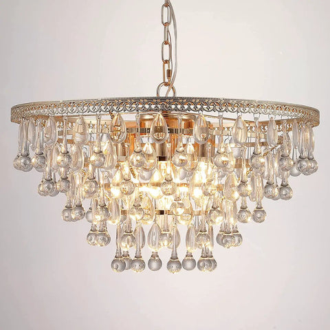 Gold Crystal Raindrop Chandelier Pendant Light For Dining And Living Rooms with brass gold frame and crystal drops