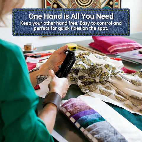 Person using Grab And Go Cordless Handheld Sewing Machine For Beginners And Adults, Ultra Portable Mini DIY Sewing Kit with fabric