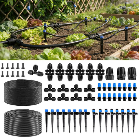 230-Foot Drip Irrigation System Kit with Quick Connect for automatic watering and misting in garden plant beds.