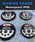 Deck Certified Marine Stereo Receiver With Bluetooth And Ip66 Waterproof Build, four round control panels submerged in water.