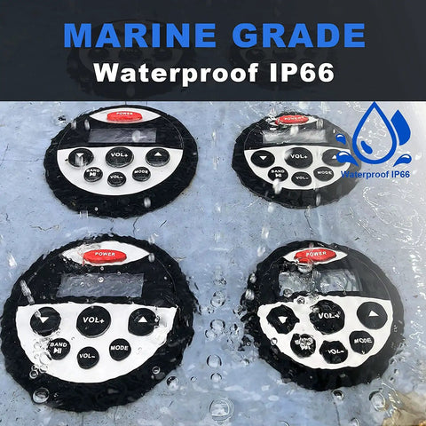 Deck Certified Marine Stereo Receiver With Bluetooth And Ip66 Waterproof Build, four round control panels submerged in water.