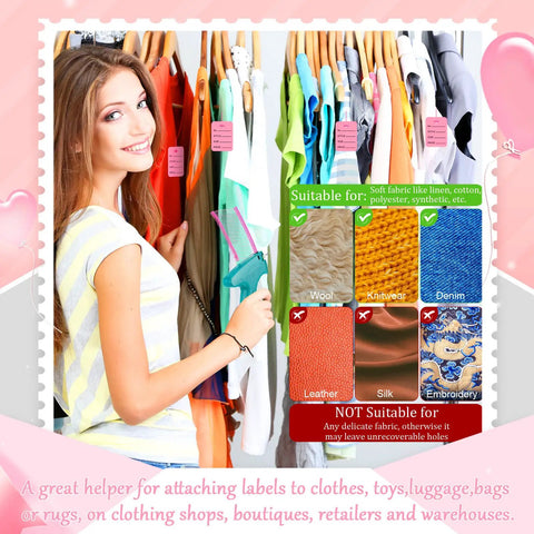 Tagging Gun For Clothing Kit With 5 Needles 3000 Barbs 100 Price Tags 200 Snap Lock Pins 200 Safety Pins 70 Size Labels Ideal Tagging Tool For Retail Stores Yard Sales And Thrift Shops used by woman in clothing store.