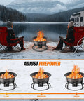 Outdoor Portable Propane Fire Pit 60 000 BTU 19 Inch With Cover And Carry Kit by lake setting; firepower adjustment inset.